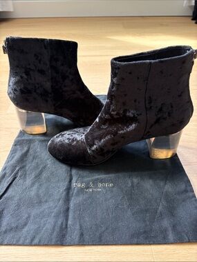 rag & bone Black Velvet Ankle Boots with Clear Block Heels